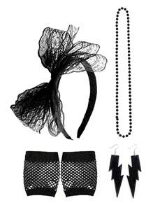 D EXCEED 4/5 pièces Ensemble d'accessoires rétro néon des années 80 pour femmes, collier de perles à tenue rétro, serre-tête à nœud en dentelle, gants résille, lunettes de soleil à stores vénitiens, boucles d'oreilles éclair, essentiels pour fête rétro Halloween