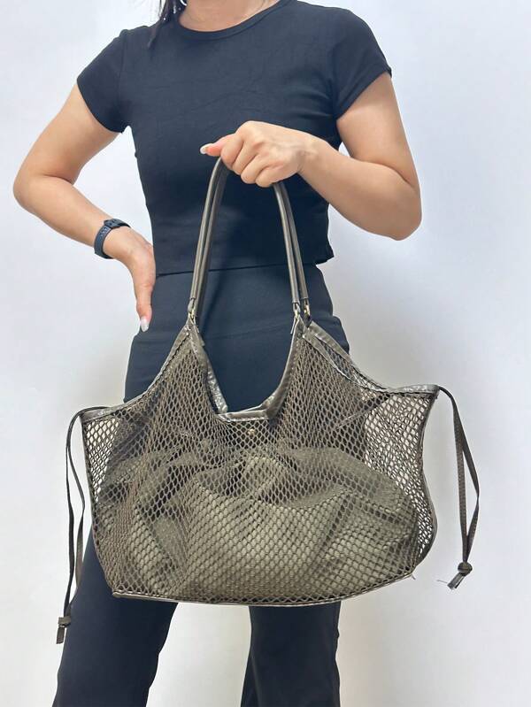 Woven Net Tote Bag For Women, Large Capacity, Casual, Slouchy, Suitable For Commuting, Spring/Summer