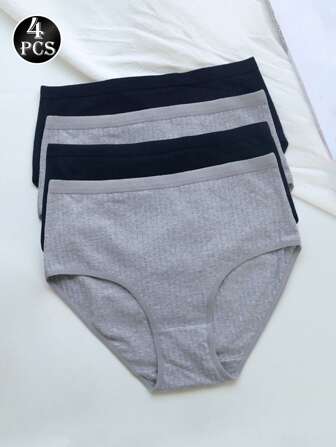 4 件套女士高腰纯棉纯色内裤，高弹力透气亲肤日常内衣