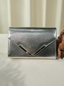 V-Shape Metallic Detachable Chain Crossbody Bag With Cross Grain Texture Winter Gifts - Silver - View 2