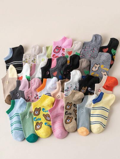 5 / 10 أزواج / عبوات للنساء عشوائية العالمية لصيف ربيع رقيقة قابلة للتنفس ماصة للعرق بنمط حيوان وزهور مناسبة للخروجات البسيطة وحفلات المناسبات والموضة الكورية لارتداء مع أحذية بيضاء وثياب قصيرة