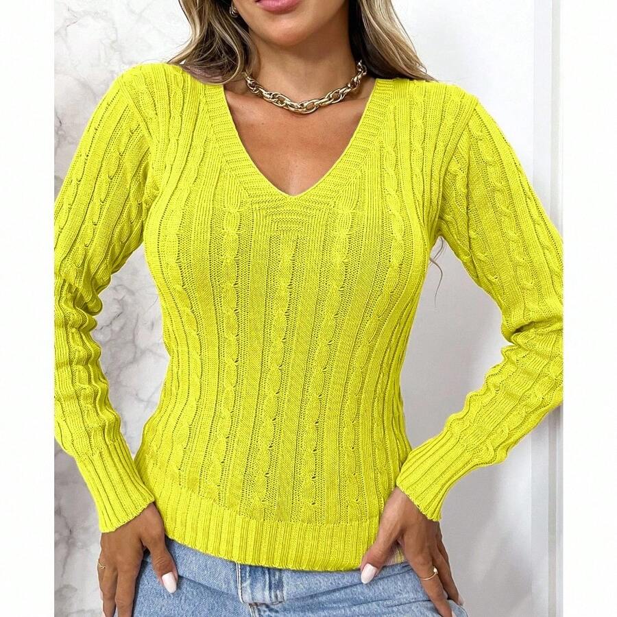 V-Neck Braid Thin Fabric Blouse Long Sleeve Normal Line - Mostaza Amarilla - Ver 1