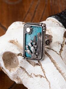 1 Pc Retro Vintage Cactus Sunburst Western Ring , Blue Turquoise Stone Rings Jewelry Suitable For Cowgirl Outfit