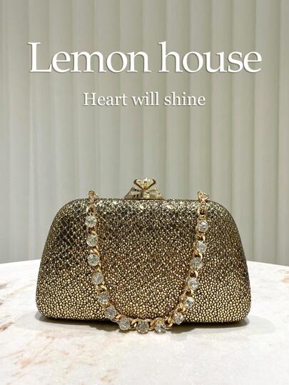 1pc Glittery Gold Rhinestone Faux Leather Women's Clutch Bag, Elegant Bridal Wedding Purse With Chained Strap, Suitable For Formal Events, Parties, Weddings - A Fashionable Gift For Women