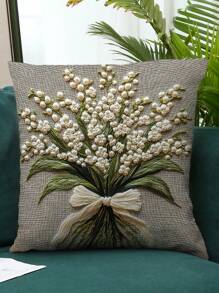 1 pieza Funda de almohada decorativa vintage con estampado floral de lirio del valle - Diseño impreso elegante con lazo y hojas, varios tamaños, para decoración del hogar, sofá, patio y porche, dormitorio y sala de estar (sin insertar), Funda de almohada decorativa para exteriores, Textura tejida elegante para la decoración del hogar, Almohada decorativa - Sin bordado
