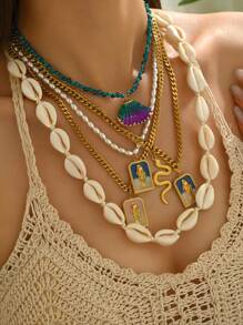 1pc Stainless Steel Bohemian Ocean Beach Style Square Drip Oil Small Fish Scallop Shell Pendant Necklace, Personalized Minimalist Layered Wear For Men And Women