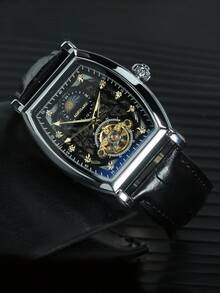 1pc Fashion Business Skeleton Mechanical Watch For Men Iced Out Dial Luminous Hands Leather Strap Casual Tourbillon Automatic Men Watches Top Brand Luxury Gifts - Black - View 2