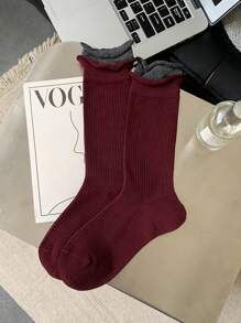 5 Pairs Grey Knitted Thigh High Socks, Women Ribbed Mid-Calf Socks