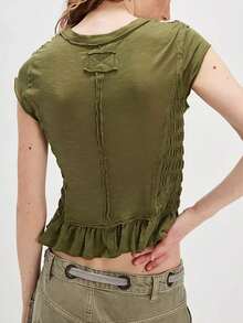 Women Y2K Smocked Shirt Top Summer Cap Sleeve Slim Fit Ruffle Hem Shirred T Shirts Ruched Frill Crop Tank Tops Summer Going Out Tops Tees Streetwear - Army Green - View 2