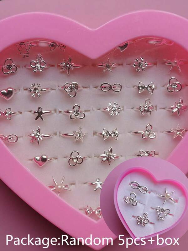 5pcs+Box Silver Color Adjustable Rings Children Girls Jewelry Alloy Ring Jewelry Gift Random Send