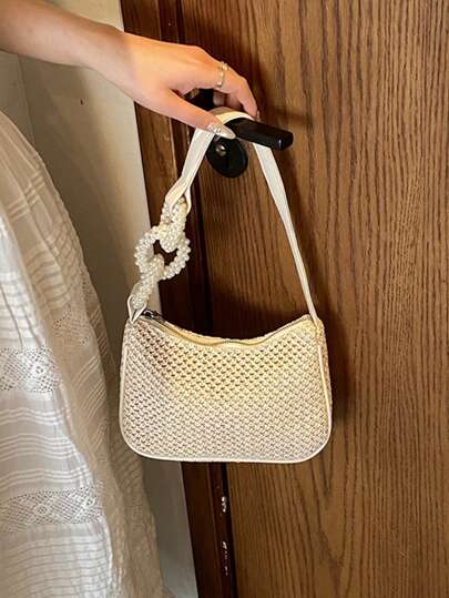 Straw Bag, Elegant Charm Lady's Pearl Circle Shoulder Bag, Suitable For Women, Girls, College Students