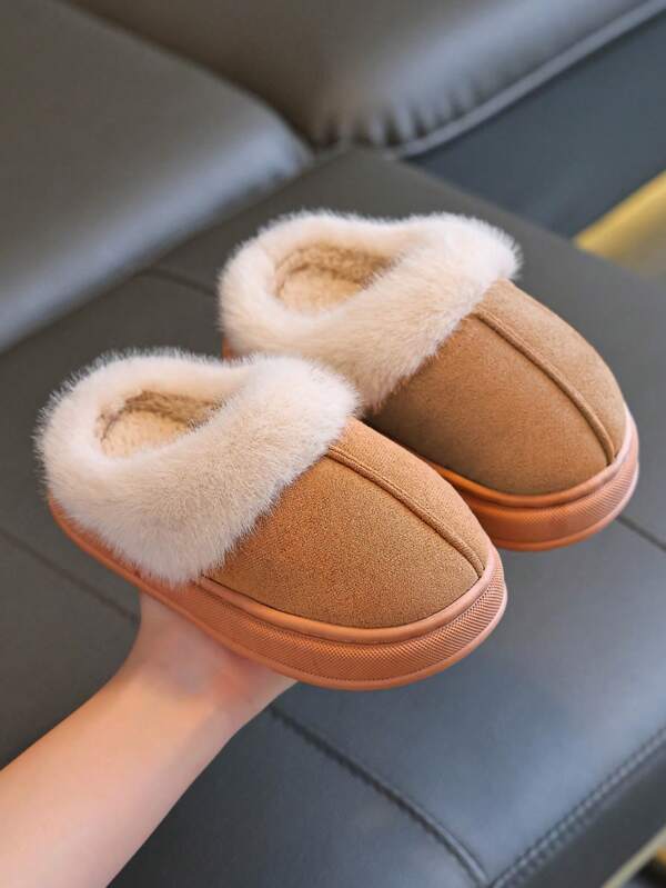 Children's Slippers Autumn And Winter Parent-Child Style Warm Small, Medium And Large Boys And Girls Children Baby Fur Slippers Autumn And Winter Soft Sole Non-Slip 2025 Autumn And Winter New Fashion Indoor Home Fur Drag Dirty Bedroom Slippers Home Shoes