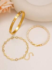 New Flower & Four-Leaf Clover Zirconia Bracelet & Bangle Set, Multi-Element Accessory Set Suitable For Women's Daily Wear, Versatile