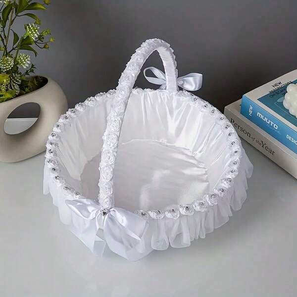 1pc Canasta de Encaje para Niña de las Flores de Boda, Tejido de Mimbre de Plastico, avec Encaje Rizado y Detail de Moño, para Boda, Decoración de Fiesta y Suministros