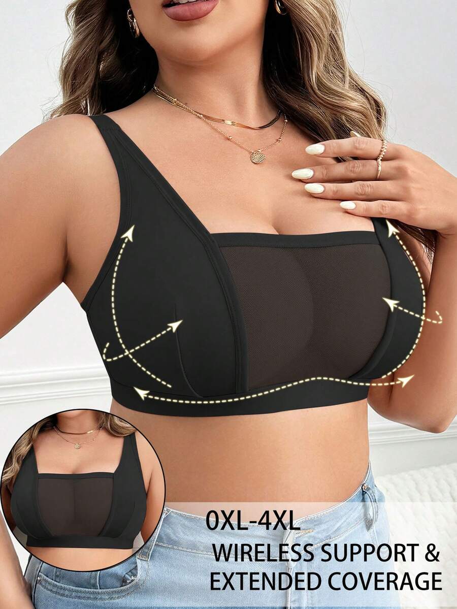 Plus Size Solid Color Mesh Patchwork Sheer Everyday Comfortable Wireless Sexy Bra - Black - View 1