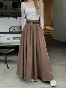 Rok Panjang Berlipit dengan Pinggang Tinggi untuk Musim Gugur/Dingin, Rok Panjang Model A-Line Elegan untuk Perjalanan, Halloween, Natal - kopi - View 6