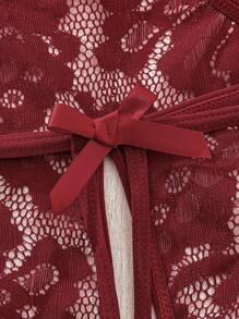 Women's Burgundy V-Neck,Lace Splicing,Backless And Sheer Mesh,Bow Decoration,Lace Up,Teddy Sexy Bodysuit ﻿