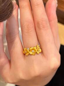 1pc Minimalist Gold-Plated Textured Crystallized Cherry Blossom Ring, Unique New Chinese-Style Vintage Delicate Versatile Ring Suitable For Women's Daily, Party, Festival Gift