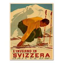1 pezzo Quadro su tela in stile vintage con sci nelle Alpi svizzere, cartellone con stampa vintage di sci, adesivo da parete rivestito, decorazione per la casa, opzionalmente con cornice - Multicolore - Visualizzare 39