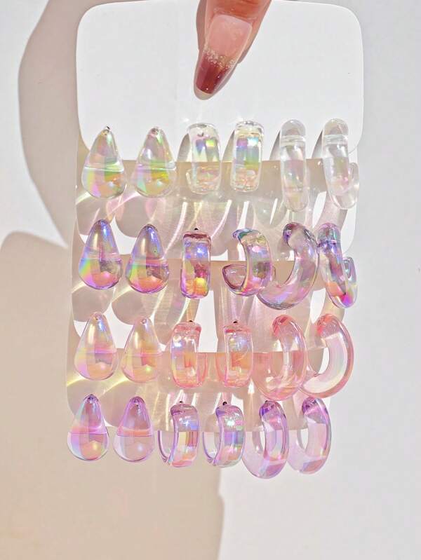 6 pièces Set Boucles d'oreilles Créoles en Forme de Goutte d'eau Colorées en Acrylique de Mode Femme