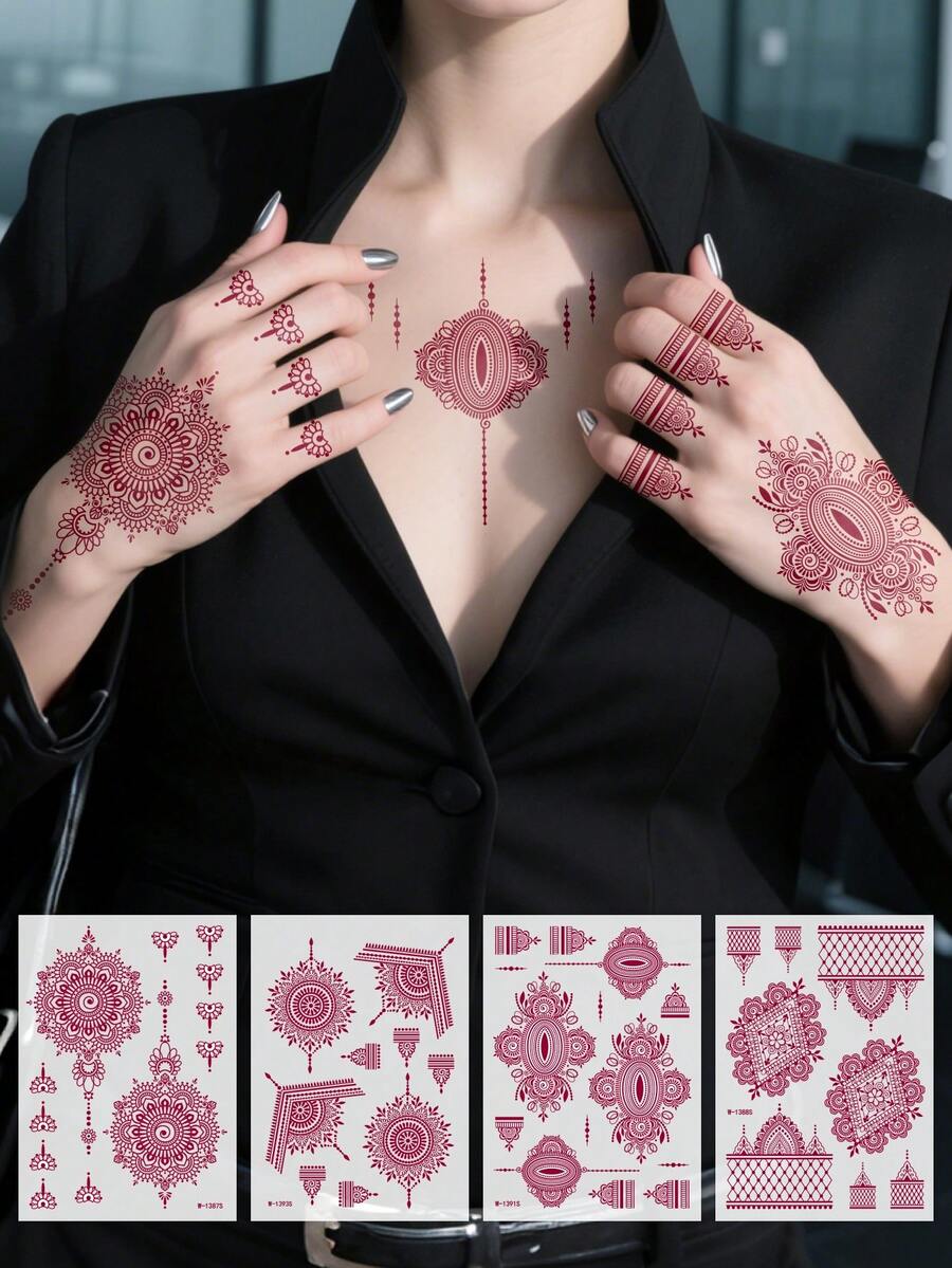 4 miếng dán hình xăm hoa ren henna nâu, miếng dán hình xăm henna mực henna, hình xăm giả tạm thời cho phụ nữ dự tiệc cưới, phụ kiện tiệc tùng - Màu Hồng Tươi - Xem 1