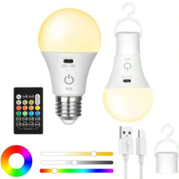 1 Stück LED wiederaufladbare Glühbirne, Glühbirne mit Fernbedienungsbatterie, intelligente RGB-Farbwechsel-Glühbirne mit Haken, E26-Sockel, geeignet für Camping, Wandern, Angeln, Hurrikan-Notfälle