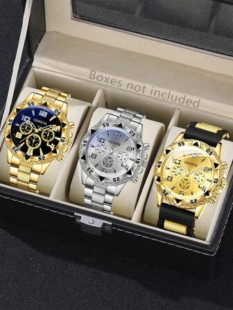 3 件男士时尚商务混合刻度三眼表盘石英手表套装适合日常佩戴装饰或节日礼物