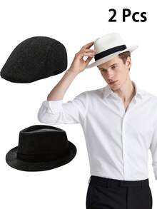 D EXCEED 2 件男士人字纹粗花呢报童常春藤帽和透气巴拿马帽套装，适合旅行、高尔夫、海滩和户外风格时尚服饰配饰