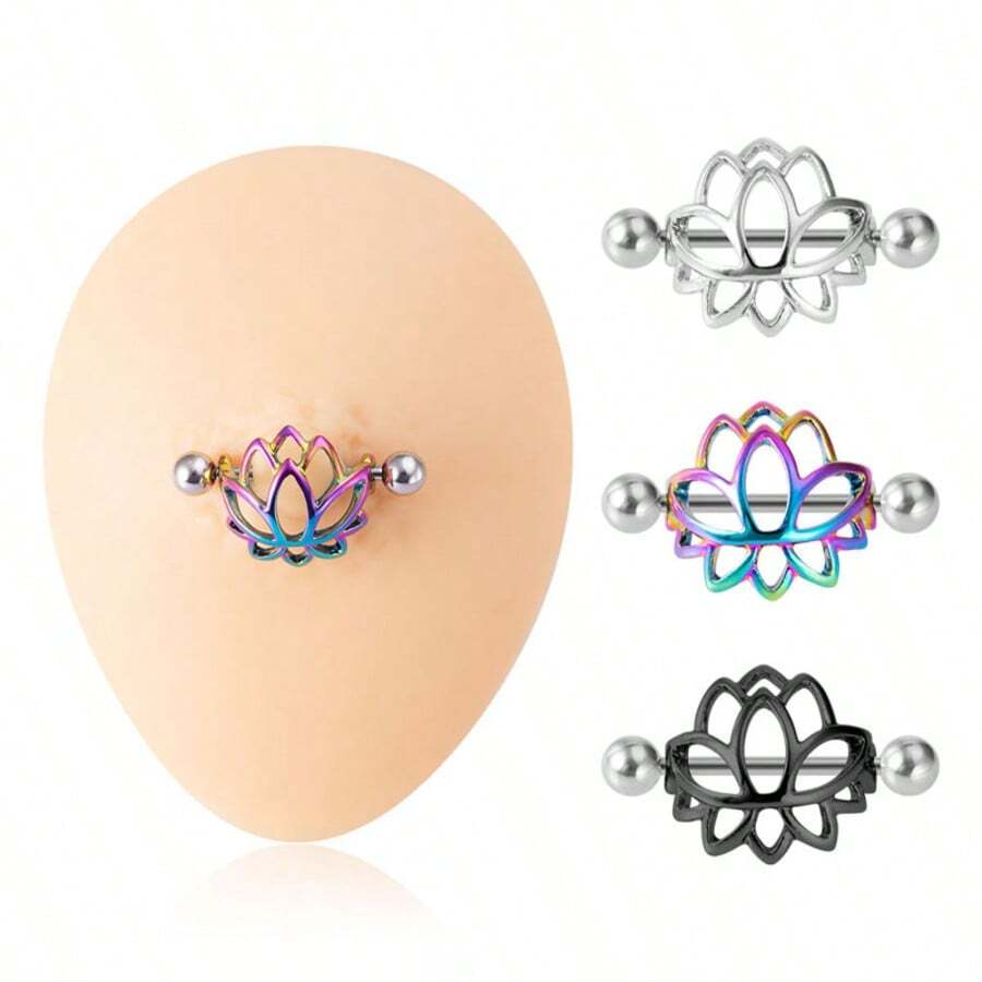 1 paire de bijoux de piercing corporel en forme de lotus en acier inoxydable. Anneaux pour mamelons en trois couleurs, accessoires de piercing corporel, convenant aux femmes pour le porter en été/toutes saisons, bijoux de corps/cadeau de piercing corporel