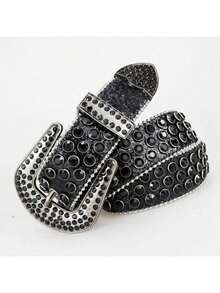 A Men's Multicolor Punk Y2K Denim Rock Laser Rhinestone-Embedded Belt, Suitable For Daily Wear - màu đen - Xem 2