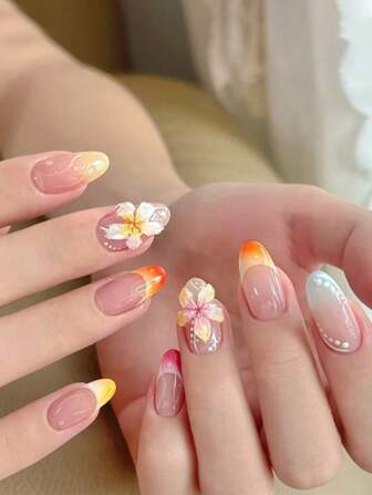 24 件长杏仁形按压指甲，简约法式彩色多巴胺花朵夏季指甲，甜美清新风格，可重复使用的设计，适合女性和女孩的日常生活、旅行和度假