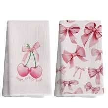 2 piezas Paños de cocina decorativos de estilo universitario en color rosa con moño de cereza, paños absorbentes decorativos para platos, manos, cocina, baño o dormitorio, regalos adecuados para mujeres y niñas