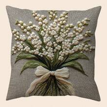 1 pieza Funda de almohada decorativa vintage con estampado floral de lirio del valle - Diseño impreso elegante con lazo y hojas, varios tamaños, para decoración del hogar, sofá, patio y porche, dormitorio y sala de estar (sin insertar), Funda de almohada decorativa para exteriores, Textura tejida elegante para la decoración del hogar, Almohada decorativa - Sin bordado