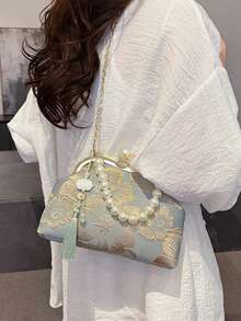 新款中国风民族刺绣女包，时尚夏季珍珠钱包手拿包斜挎包 - 綠色 - 查看 3