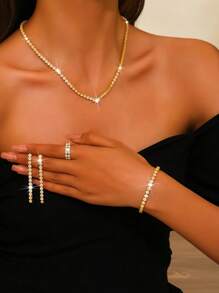 Conjunto de joyas de 5 piezas con collar, pendientes, anillo y pulsera con destellos de cristal rhinestone, adecuado para vestidos elegantes de verano de señoras, con variedad de estilos y colores para elegir