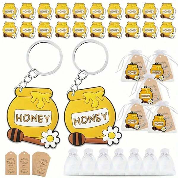 30 piezas Detalles de fiesta con tema de abeja, 10 llaveros de abeja en frasco, 10 etiquetas y 10 bolsas de regalo, regalos para fiesta de cumpleaños, Día de la Madre, Graduación