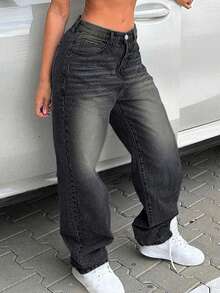 Jeans rectos y sueltos de estilo casual para adolescentes - Negro - Ver 5