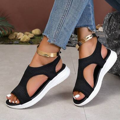 Black Knit Sports Sandals White Platform Women's Shoes Solid Color Hollow Out Bohemian Fabric Casual Vacation Shoes, Beach Resort Summer, Soft Bottom Sandals, Outdoor Ladies Shoes