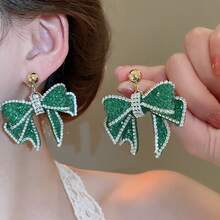 1 对黑色皮革蝴蝶结水晶耳环，适合女士生日、派对、婚礼