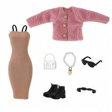 7入組11.5吋玩偶服裝和珠寶套裝= 1件外套+ 1件長裙+ 1個包包+ 1條項鍊+ 1雙鞋子+ 1條腰帶+ 1副眼鏡（不包括娃娃）,假日禮物 - 卡其色 - 查看 5