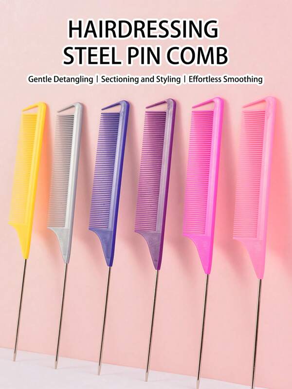 6pcsRandom Color Combination, 2025 New Rat Tail Comb | Carbon Fiber Heat-Resistant Design With Stainless Steel Pin Tail, Ideal For Teasing And Sectioning Hair