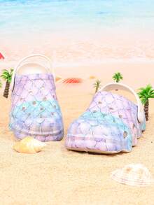 女童可爱卡通木屐，休闲防滑透气一脚蹬软底拖鞋，鱼鳞印花，适合散步凉鞋 - 白色 - 查看 2