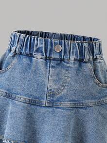 Tween Girl Butterfly Print Short Sleeve Top And Denim Mini Skirt