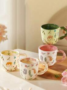Valentinstags-Geschenke: 300ml natürliche Blumen Keramiktasse, handbemalte Tier Frühstückstasse, Paar Cartoon Gewebemuster Kaffeetassen-Set, Büro Zuhause Latte Kunst Tasse