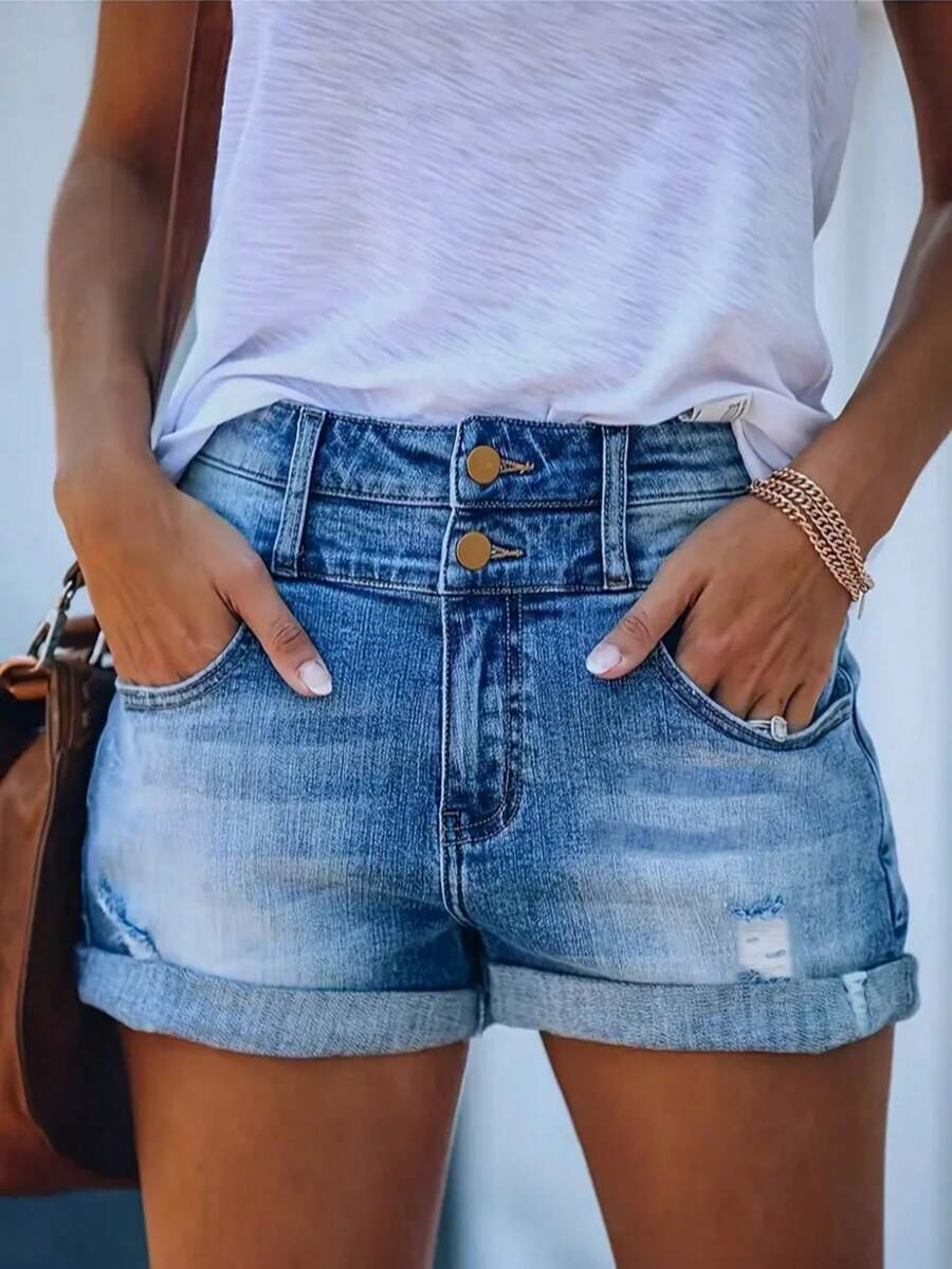 Casual Solid Color Denim Pocket Button Distressed Daily Shorts, Summer - Light Wash - View 1