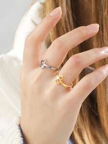 1pc Cat Decor Cuff Ring, Stainless Steel Jewelry - Silver - View 12