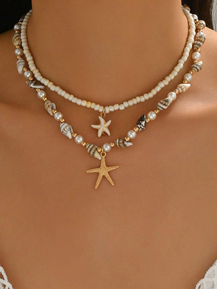 2件/套手工制作的天然贝壳和金色海星吊坠项链，波西米亚风格串珠链饰品，适合女士海滩派对和日常佩戴。天然贝壳的图案和大小随机分布。 - 多色 - 查看 1