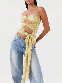 Women Ruched Tube Top Hollow Out Twist Knot Tie Up Strapless Crop Top  Going Out Summer Tops - 黃色 - 查看 3