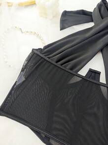 1pc Sheer Mesh Sexy Bustier Crop Top, Lace-Up Spaghetti Strap Corset Vest For Party