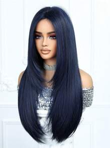 Parrucca lunga 26 pollici di colore blu scuro per donne, capelli sintetici lunghi e lisci tessuti a macchina con riga centrale, parrucca sintetica a onde naturali resistente al calore per uso quotidiano, feste, cosplay e tutti i giorni